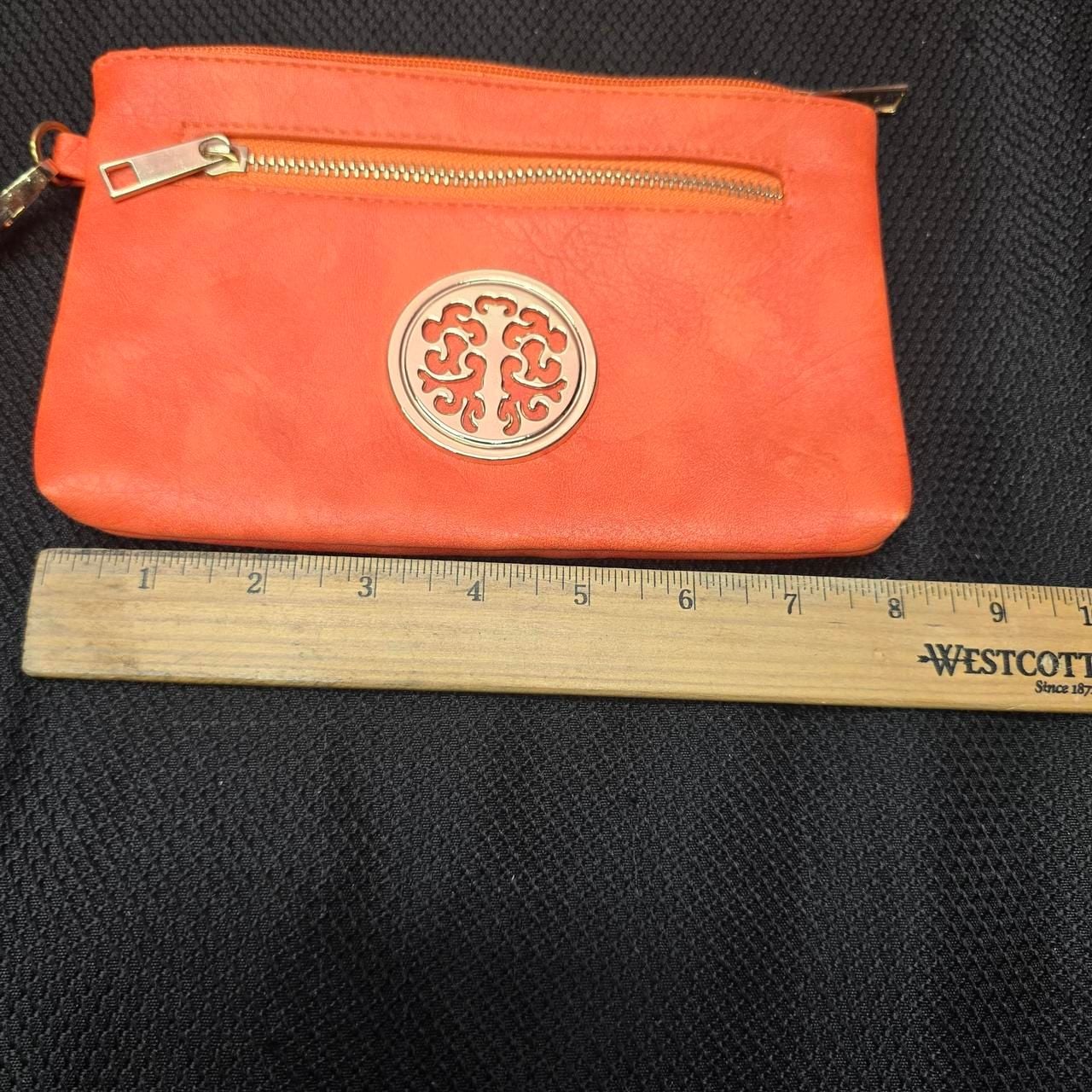 Orange Wristlet Bag with Gold Medallion Accent 4