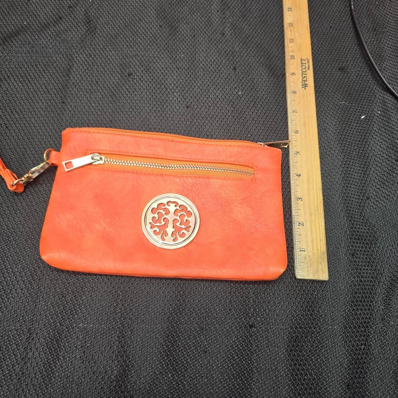 Orange Wristlet Bag with Gold Medallion Accent 5