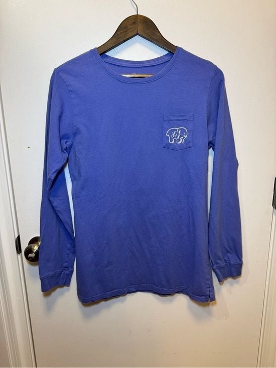 ivory ella Women’s Long-Sleeve Pocket Tee in Periwinkle Blue Elephant Print 2