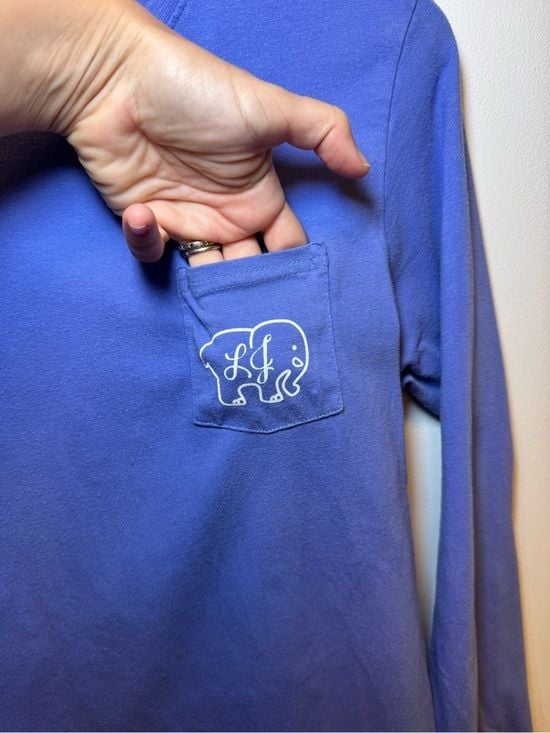ivory ella Women’s Long-Sleeve Pocket Tee in Periwinkle Blue Elephant Print 3