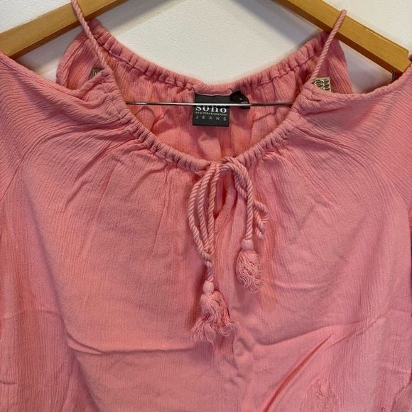 New York & Company Pink Bell Sleeve Blouse with Tie Front Lace Hem Size Small 5