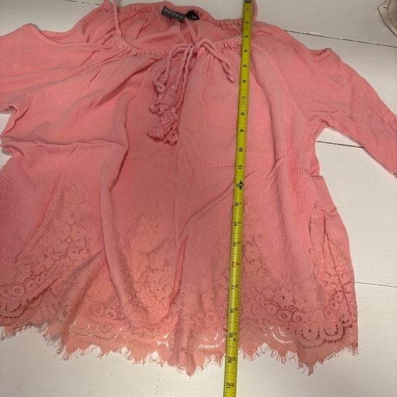 New York & Company Pink Bell Sleeve Blouse with Tie Front Lace Hem Size Small 11