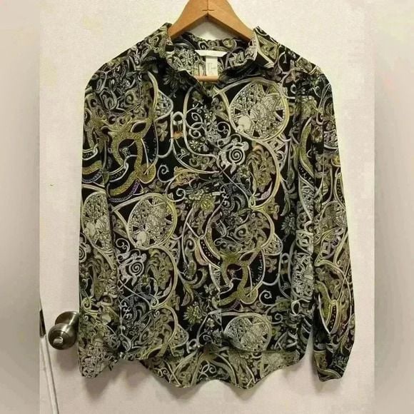 H&M Women Blouse Top Black Gold Floral Geometric Button Collar Long Sleeve US 4 2