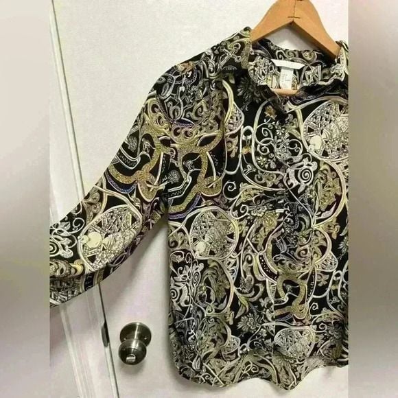 H&M Women Blouse Top Black Gold Floral Geometric Button Collar Long Sleeve US 4 3