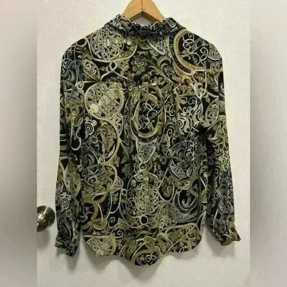 H&M Women Blouse Top Black Gold Floral Geometric Button Collar Long Sleeve US 4 4