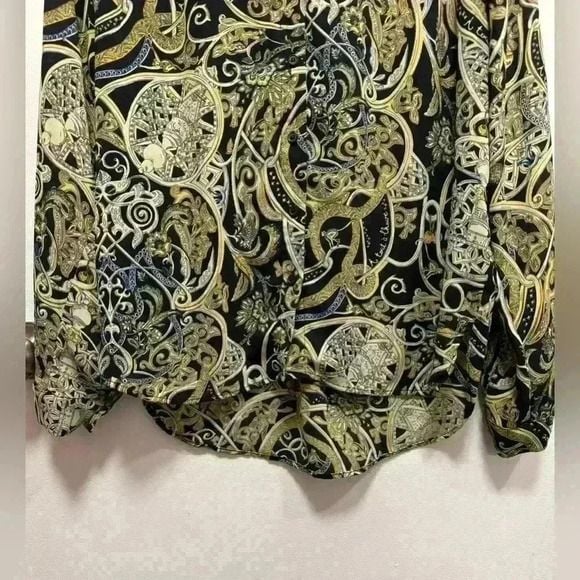 H&M Women Blouse Top Black Gold Floral Geometric Button Collar Long Sleeve US 4 7