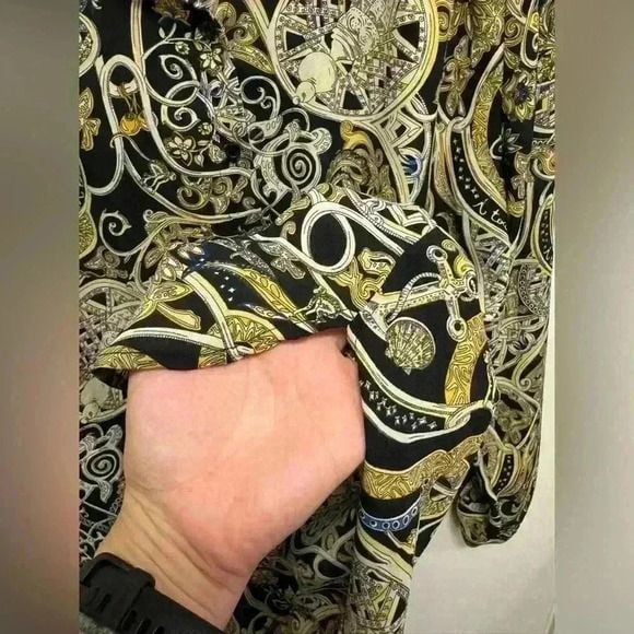 H&M Women Blouse Top Black Gold Floral Geometric Button Collar Long Sleeve US 4 8