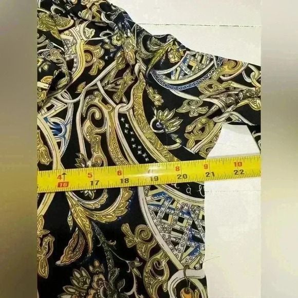 H&M Women Blouse Top Black Gold Floral Geometric Button Collar Long Sleeve US 4 11