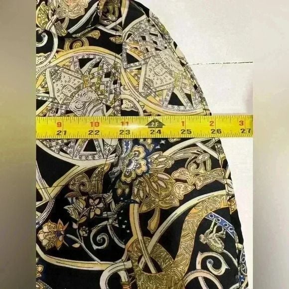 H&M Women Blouse Top Black Gold Floral Geometric Button Collar Long Sleeve US 4 13