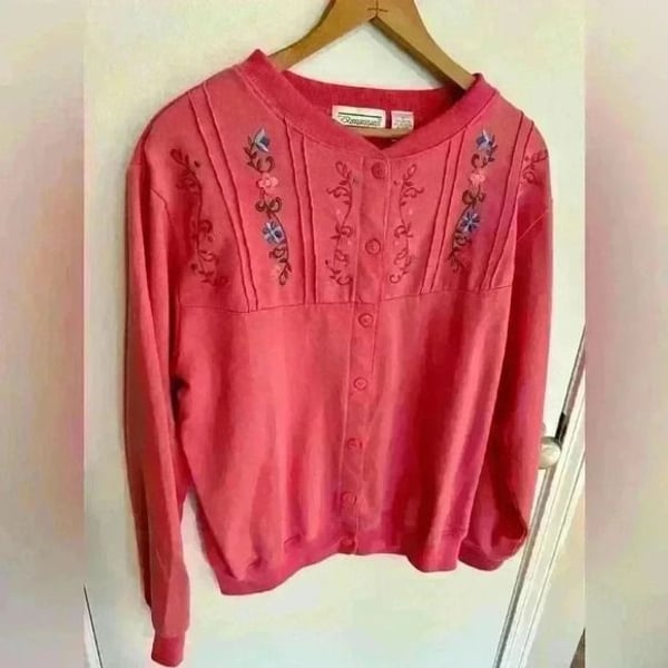 Vintage 90’s Shenanigans button up sweatshirt pink with floral embroidery sz. S