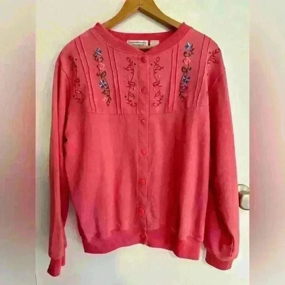 Vintage 90’s Shenanigans button up sweatshirt pink with floral embroidery sz. S 4