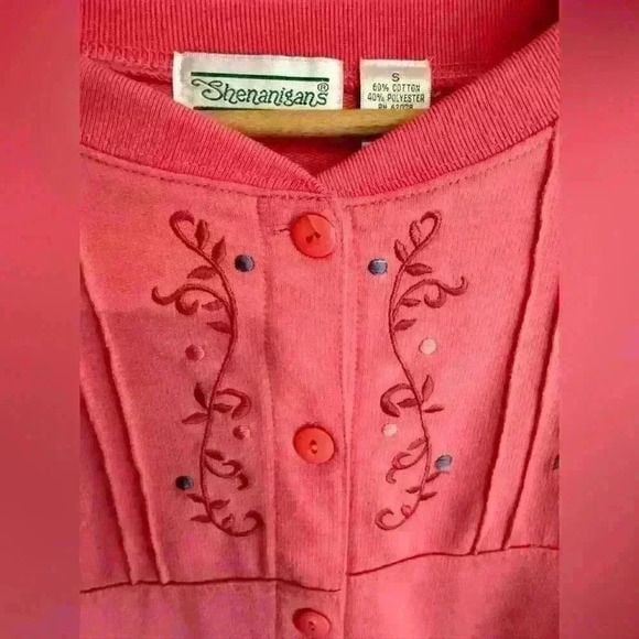 Vintage 90’s Shenanigans button up sweatshirt pink with floral embroidery sz. S 6