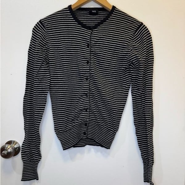 Fate Black and White Striped Button Down Cardigan V-Neck Women’s Size Small