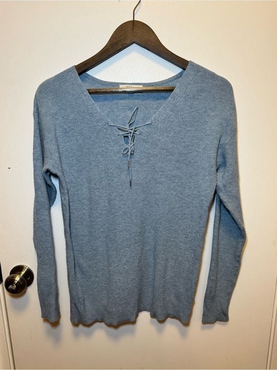 Ribbed Lace-Up V-Neck Long Sleeve Top - Dusty Blue 2