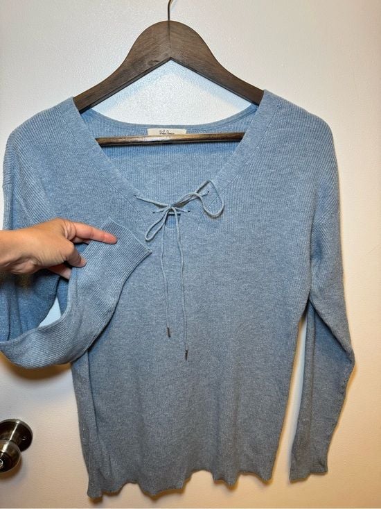 Ribbed Lace-Up V-Neck Long Sleeve Top - Dusty Blue 3