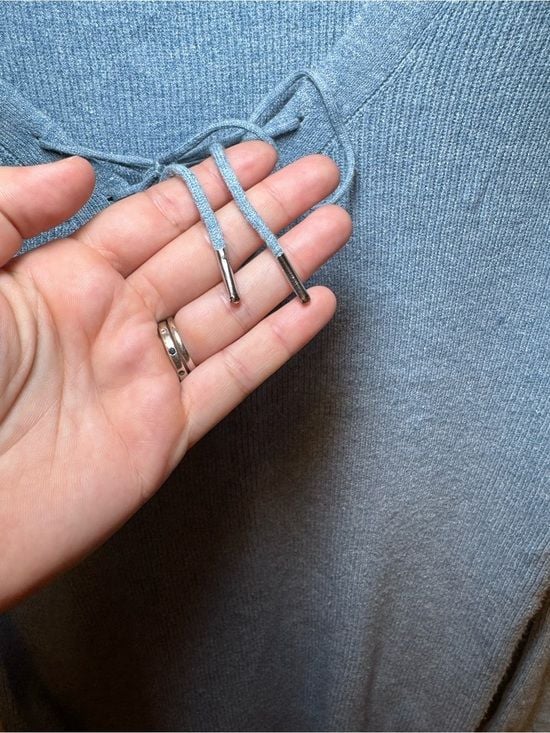 Ribbed Lace-Up V-Neck Long Sleeve Top - Dusty Blue 4