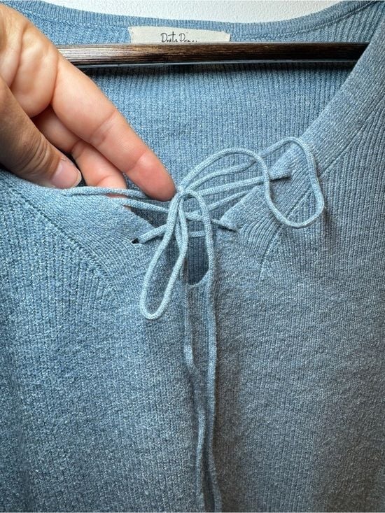 Ribbed Lace-Up V-Neck Long Sleeve Top - Dusty Blue 5