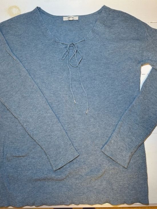Ribbed Lace-Up V-Neck Long Sleeve Top - Dusty Blue 11
