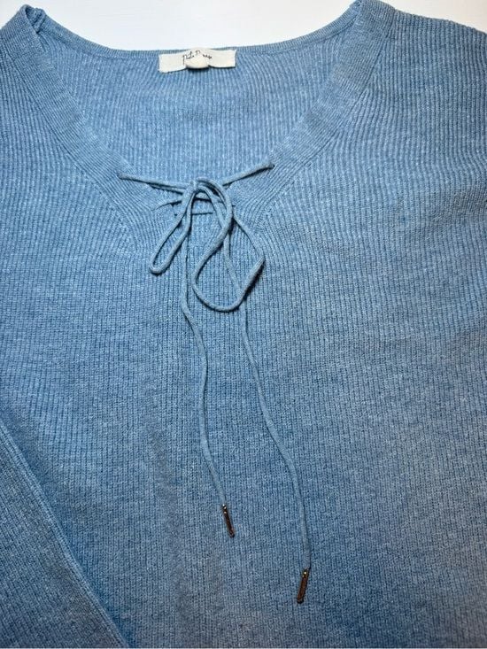 Ribbed Lace-Up V-Neck Long Sleeve Top - Dusty Blue 12