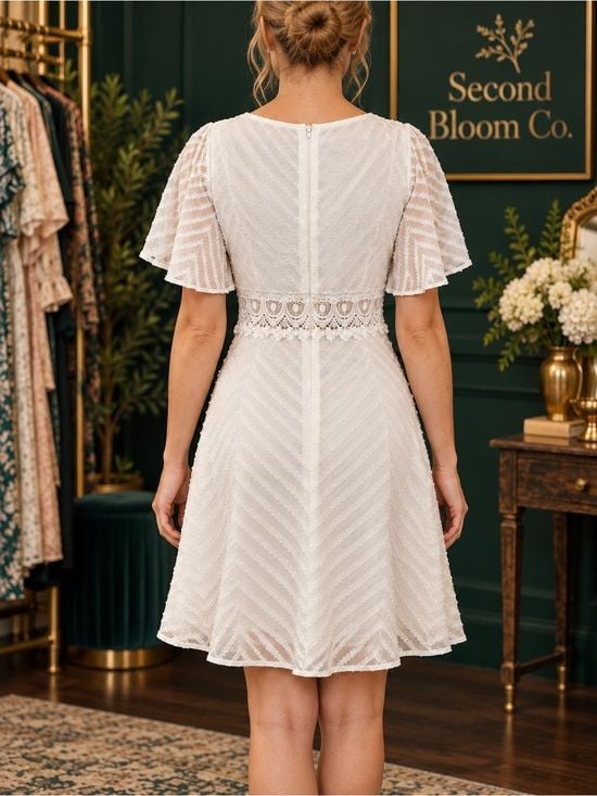 Ivory Textured V-Neck Lace Trim Dress Size M 3