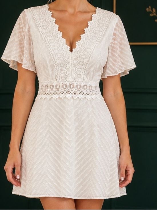 Ivory Textured V-Neck Lace Trim Dress Size M 4
