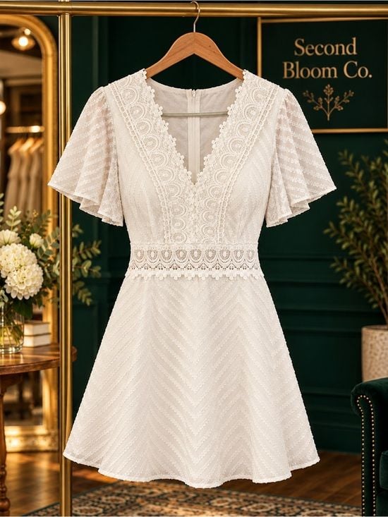 Ivory Textured V-Neck Lace Trim Dress Size M 5
