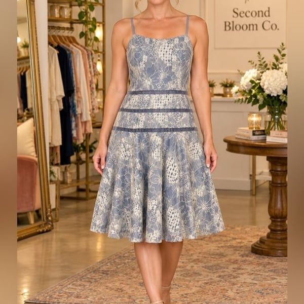 Catherine Trengere Women’s Size 9 Blue Gray & Ivory Floral Lace Dress NWT
