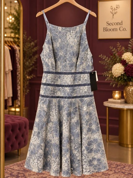 Catherine Trengere Women’s Size 9 Blue Gray & Ivory Floral Lace Dress NWT 4