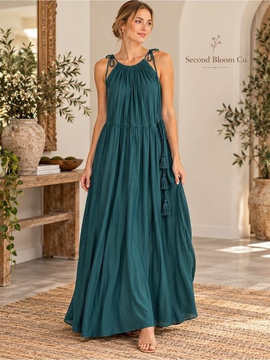 Calypso St. Barth Teal Boho Cold Shoulder Tassel Tie Maxi Dress Sz S 2
