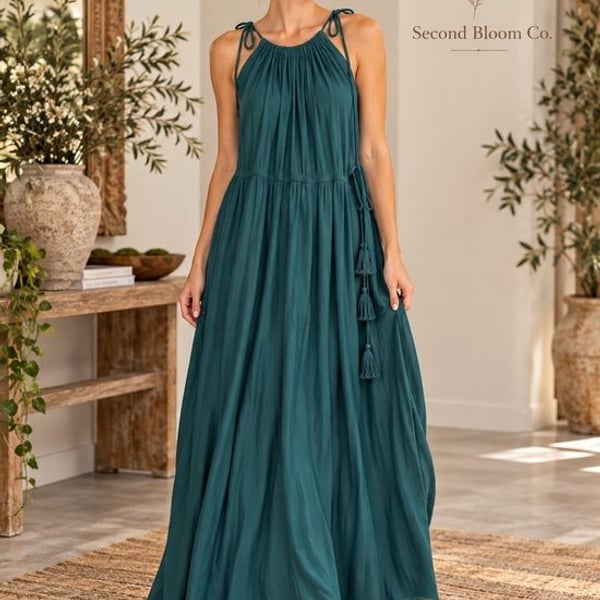 Calypso St. Barth Teal Boho Cold Shoulder Tassel Tie Maxi Dress Sz S