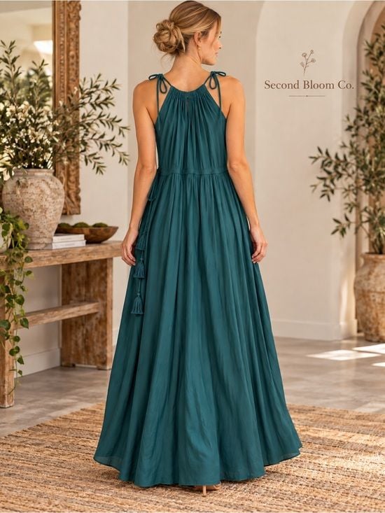 Calypso St. Barth Teal Boho Cold Shoulder Tassel Tie Maxi Dress Sz S 3