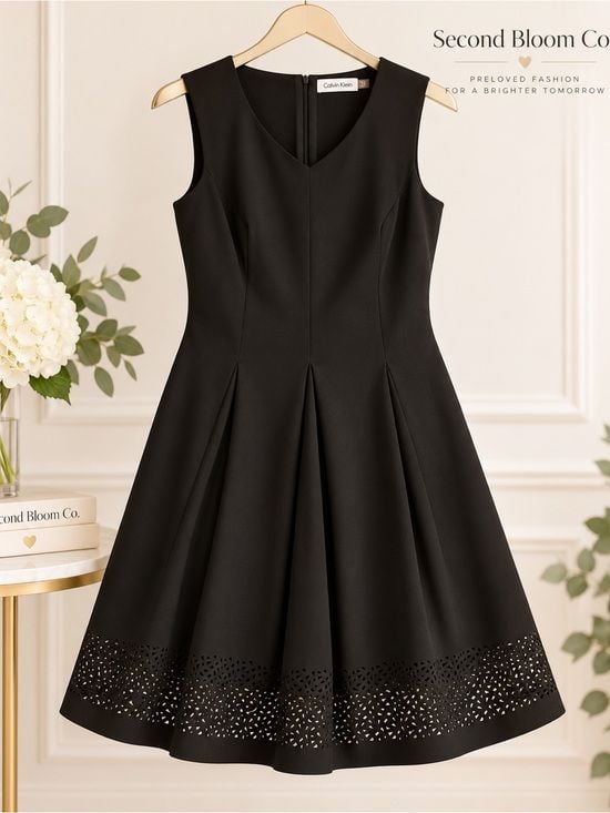 Calvin Klein Black Sleeveless Fit & Flare Dress Laser Cut Hem Size 12 4