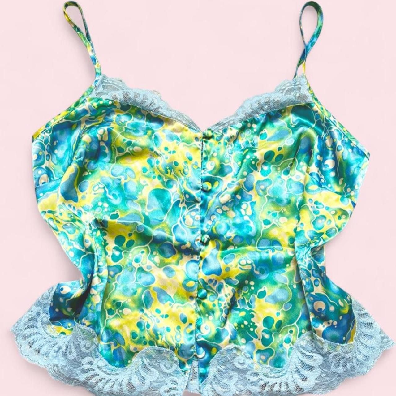Valerie Stevens Cami Top Size M Blue Green Pattern Lace Button Up 3