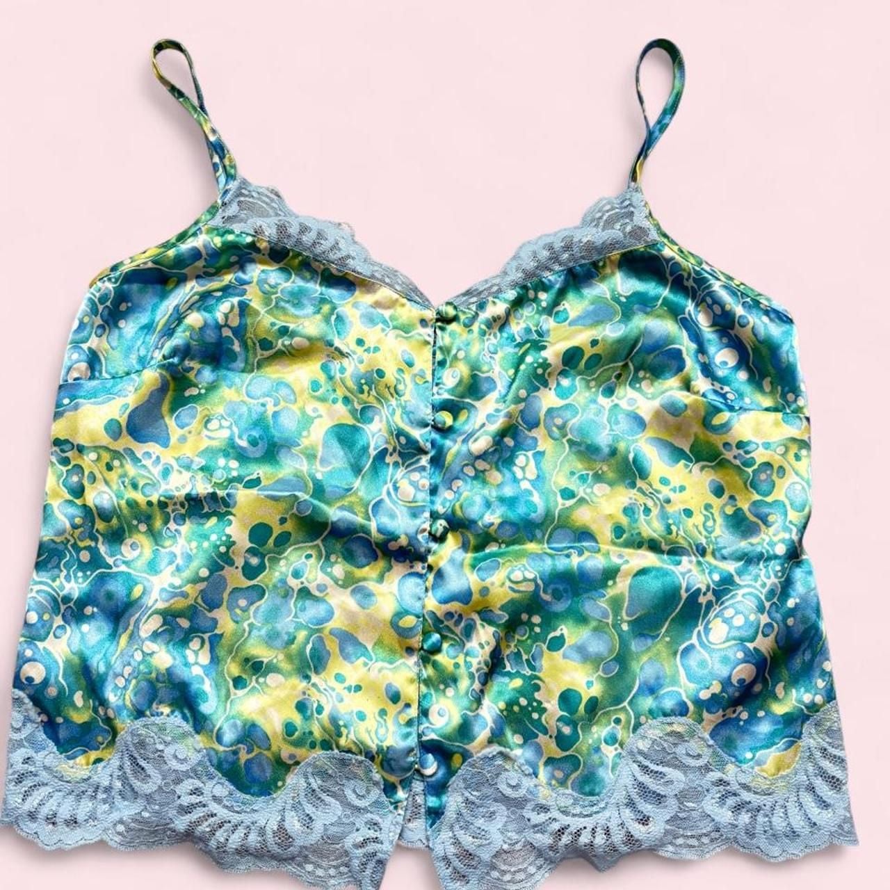 Valerie Stevens Cami Top Size M Blue Green Pattern Lace Button Up 4