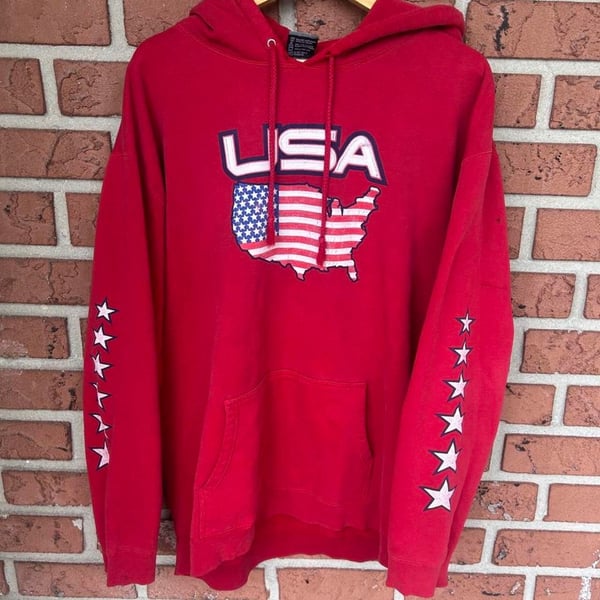 Top Heavy USA Flag Graphic Hoodie Size XL Red 2001 Vintage