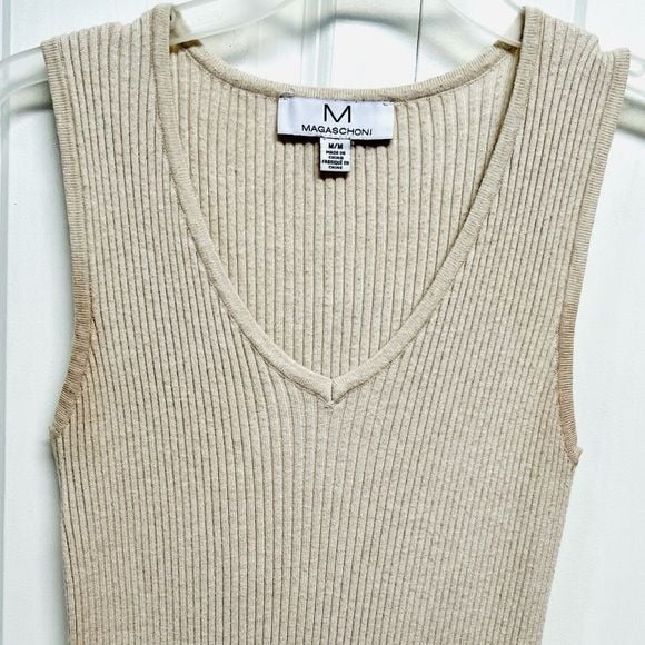 Magaschoni Cream Sleeveless Knit Body con Midi Dress Size M 4