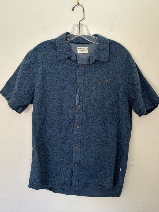 Hang Ten Men’s Blue Linen Cotton Short Sleeve Button-Up Shirt Size Medium 2