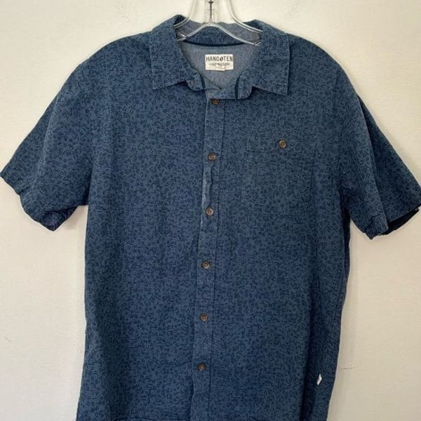 Hang Ten Men’s Blue Linen Cotton Short Sleeve Button-Up Shirt Size Medium