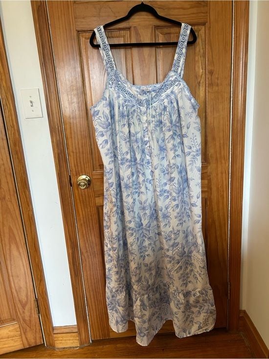 Roaman's Vintage Light Blue Floral Cotton Nightgown with Lacy Straps 2