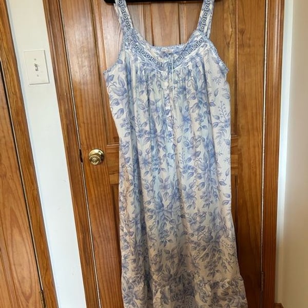 Roaman's Vintage Light Blue Floral Cotton Nightgown with Lacy Straps