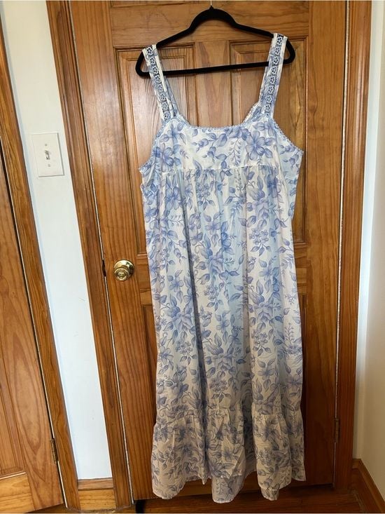 Roaman's Vintage Light Blue Floral Cotton Nightgown with Lacy Straps 3
