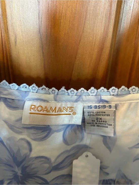 Roaman's Vintage Light Blue Floral Cotton Nightgown with Lacy Straps 4