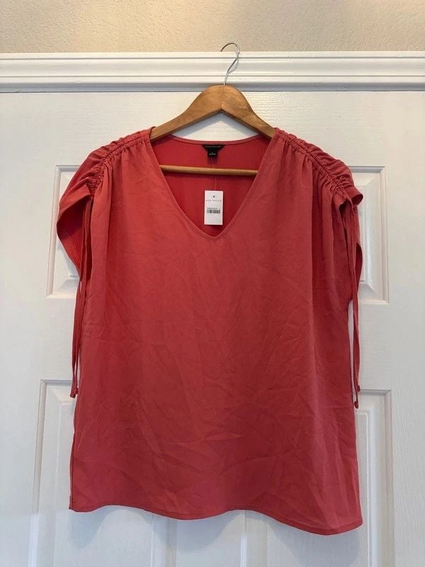 Ann Taylor Coral Blouse with Drawstring Shoulder- S 2