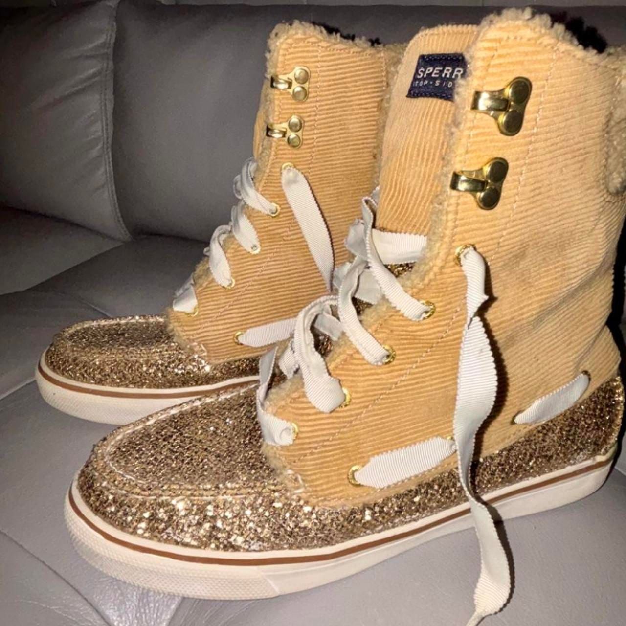 Sperry Acklins Winter Boots Size 8.5M Tan Corduroy Gold Glitter 2