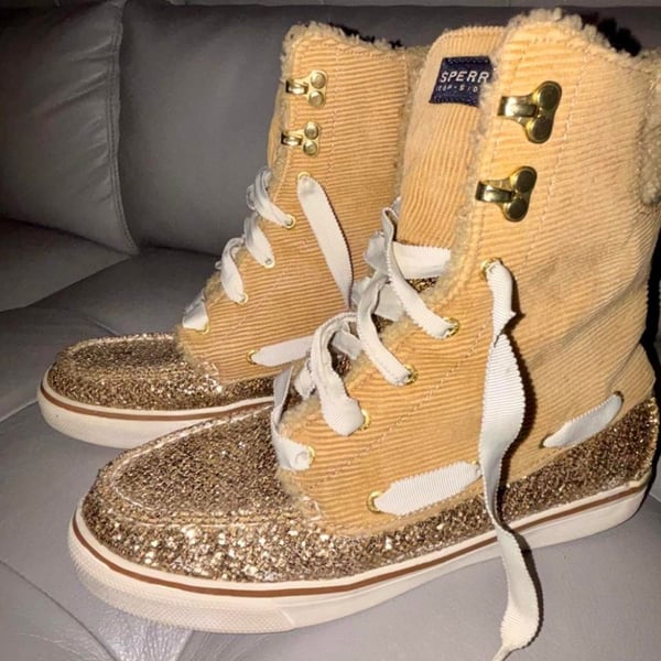 Sperry Acklins Winter Boots Size 8.5M Tan Corduroy Gold Glitter