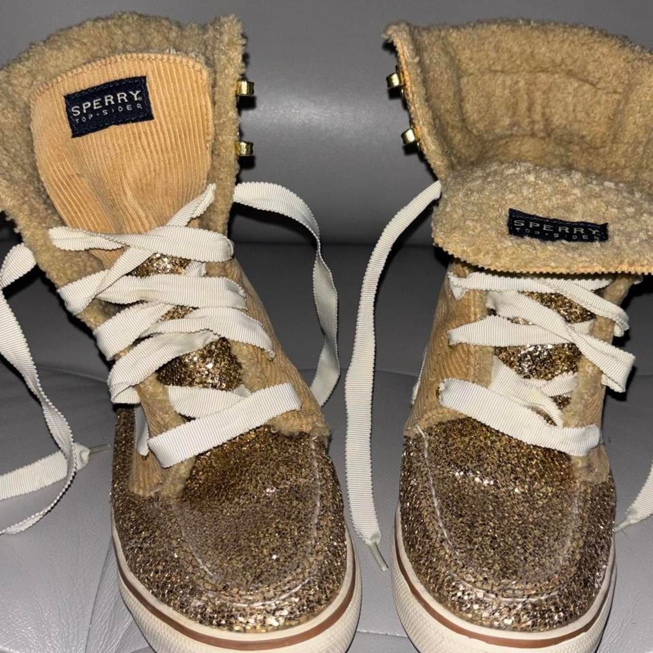 Sperry Acklins Winter Boots Size 8.5M Tan Corduroy Gold Glitter 3