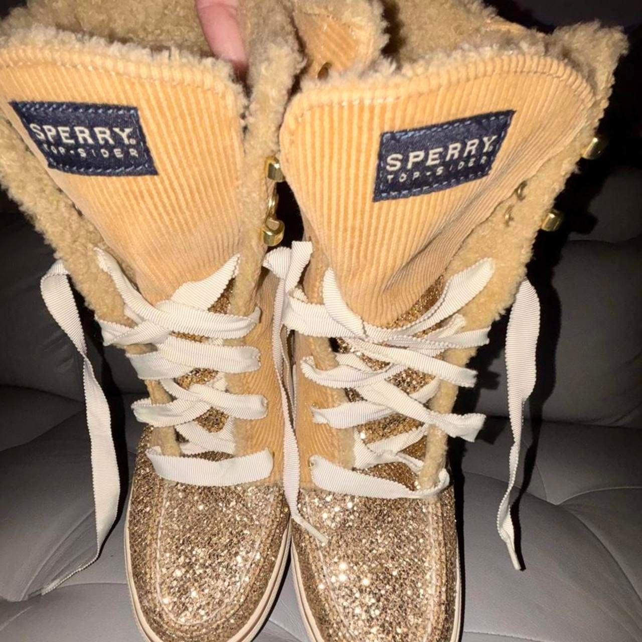 Sperry Acklins Winter Boots Size 8.5M Tan Corduroy Gold Glitter 4
