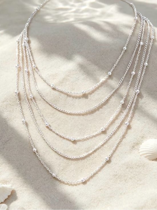 Multi-Strand Silver Beaded Layered Necklace 5