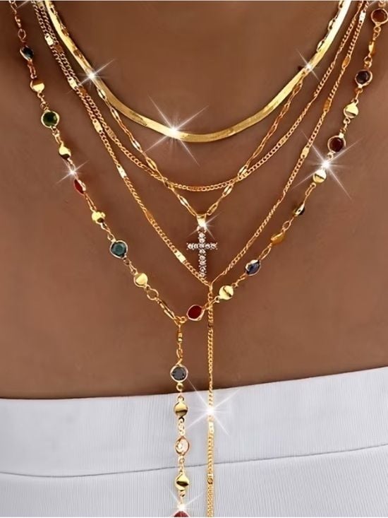 5 Pieces Gold Layered Multicolor Gemstone Cross Necklaces for Women 2