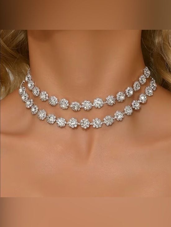 Double Strand Crystal Flower Choker Necklace - Silver 2